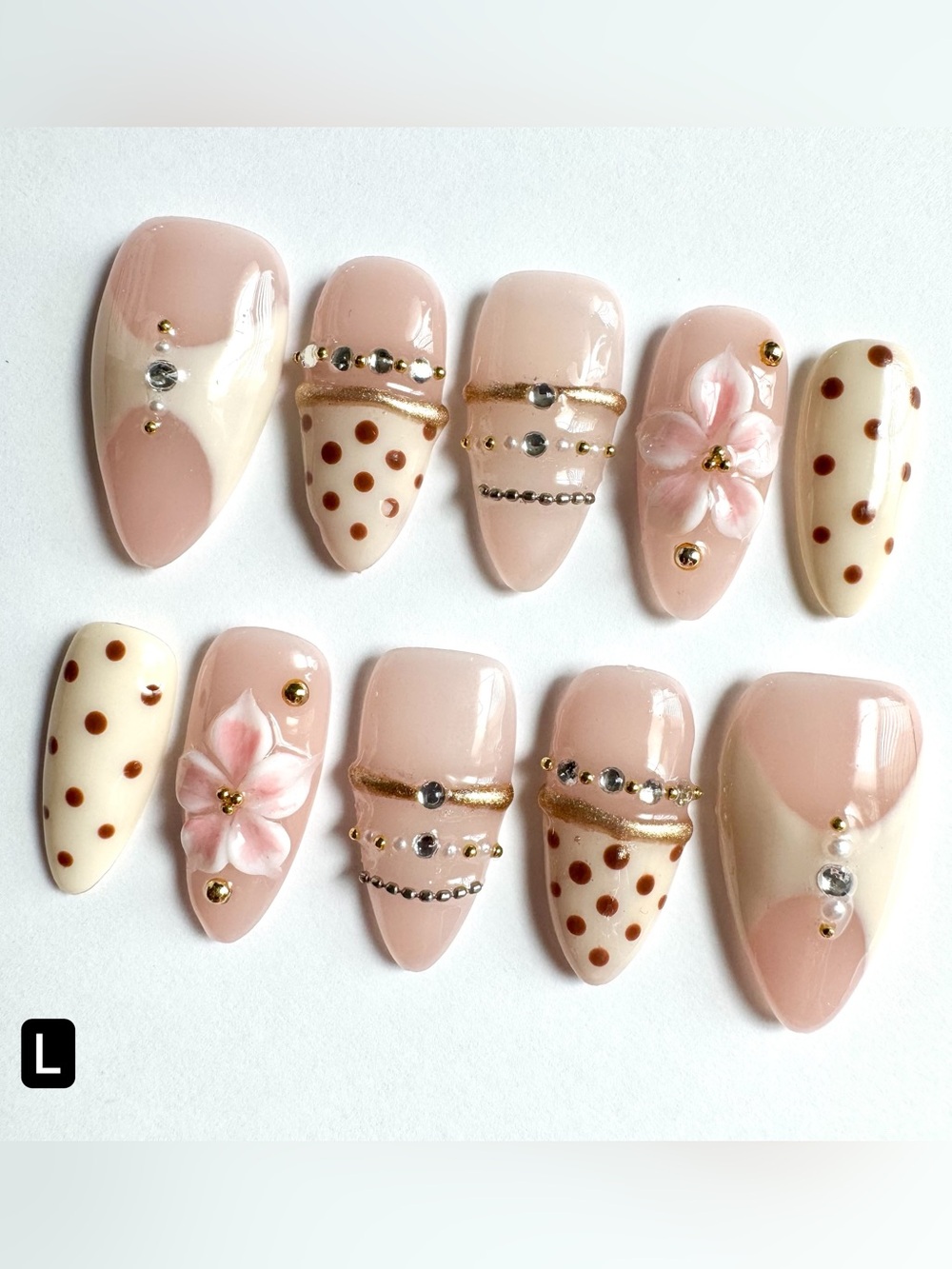 Polka Dot French Tip Press On Nails with 3D Floral accents